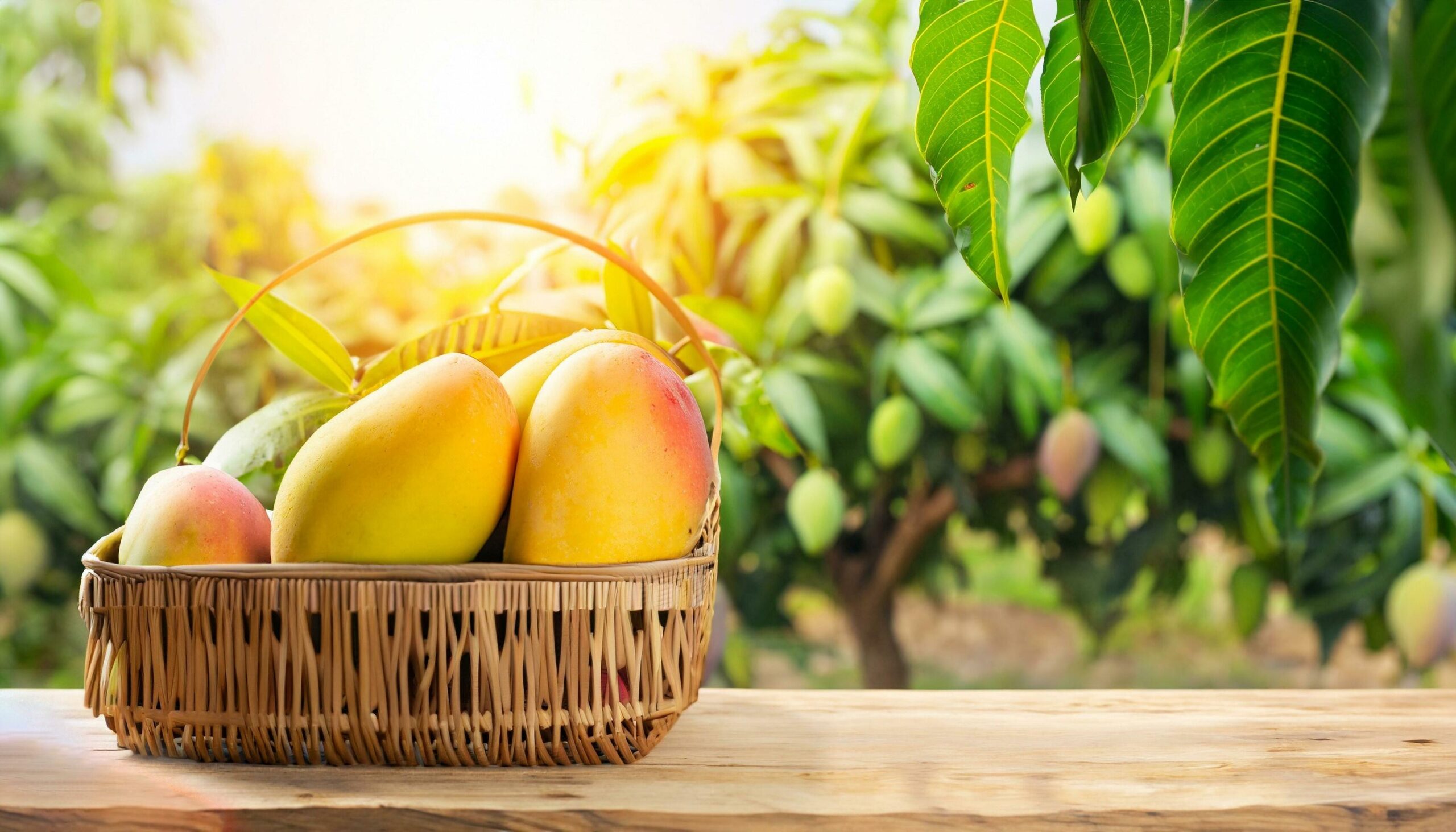 mango fruit hanging on a tree with a rustic wooden table free photo scaled